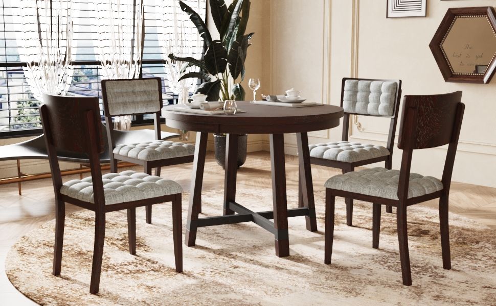 Topmax Rustic Round Dining Table Set With Cross Legs And Upholstered Dining Chairs For Small Places, Espresso