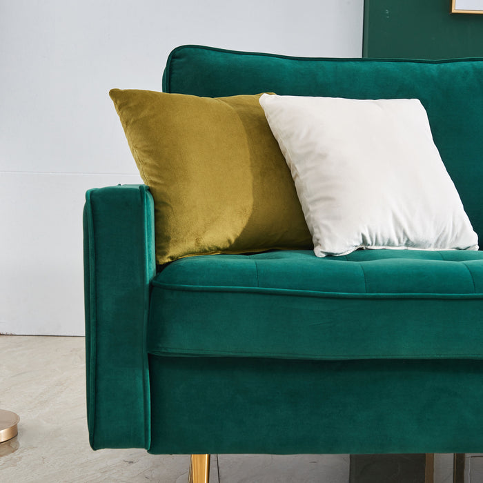 Modern Button Tufted Sofa With 2 Throw Pillows For Living Room, Emerald
