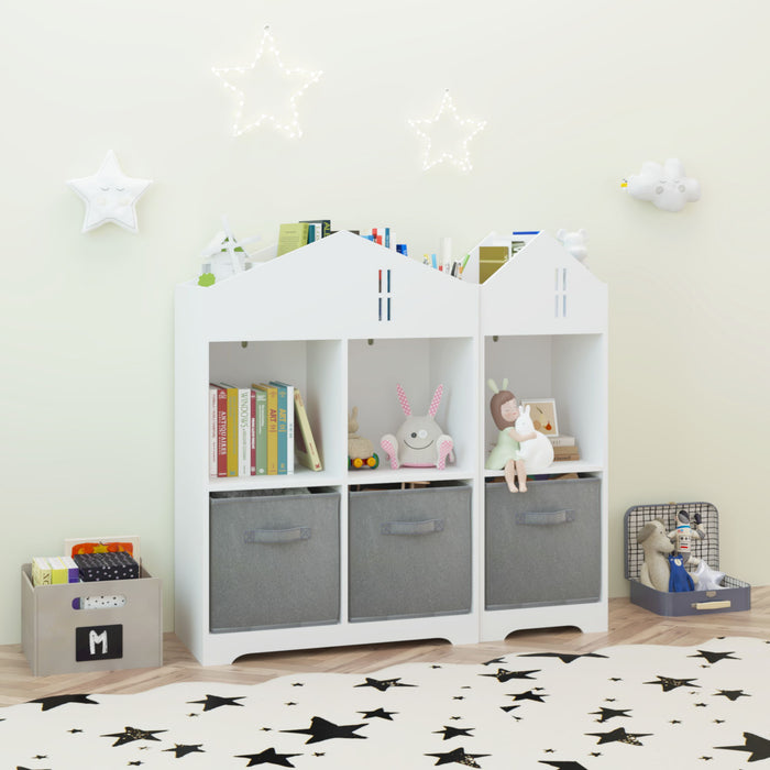 Kids Dollhouse Bookcase With Storage, 2-Tier Storage Display Organizer, Toddler Bookshelf With Collapsible Fabric Drawers For Bedroom Or Playroom (White / Gray)