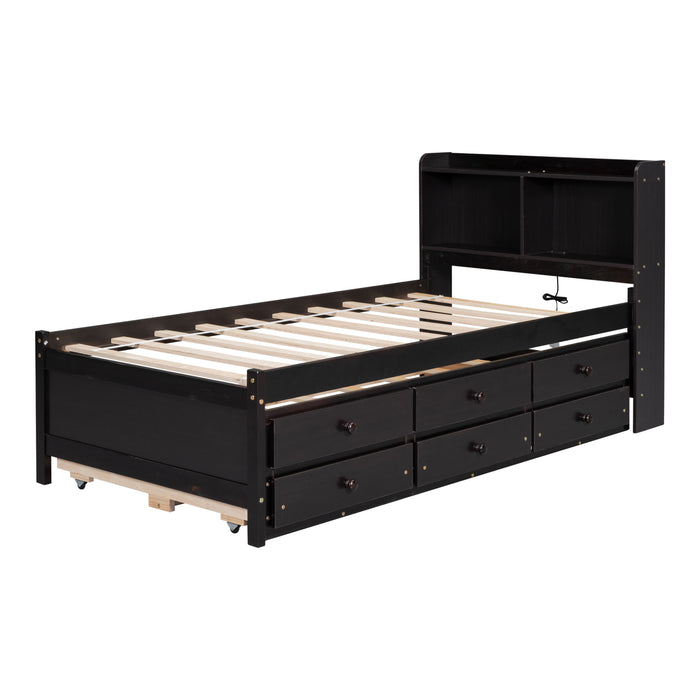 Twin Size Bed With Built-In USB, Type-C Ports, LED Light, Bookcase Headboard, Trundle And 3 Storage Drawers, Twin Size Bed With Bookcase Headboard, Trundle And Storage Drawers, Espresso