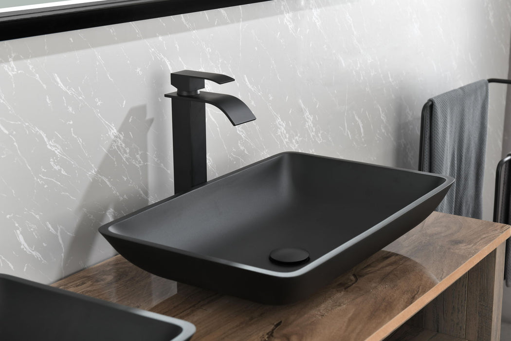 Matte Shell Glass Rectangular Vessel Bathroom Sink In Black With Faucet And Pop - Up Drain In Matte Black