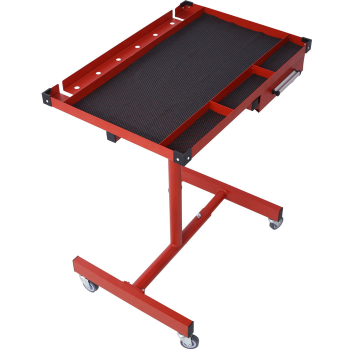 Adjustable Tear Down Work Table With Drawer For Garages, Repair Shops, And Diy, Portable, (4) 2.5" Swivel Casters, 220 Pound Capacity, Rubber Corners, Heavy Duty Steel, Red