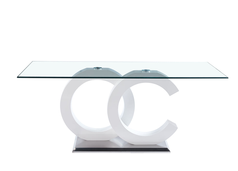 Tempered Glass Dining Table With White MDF Middle Support And Stainless Steel Base For Modern Design