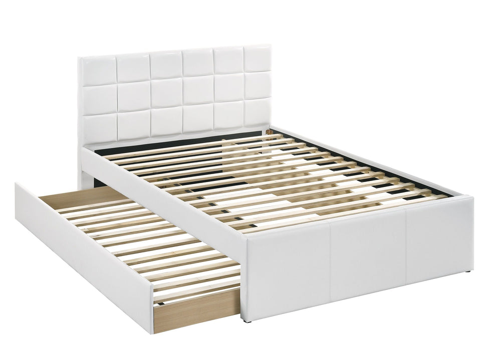 Twin Size Bed With Trundle Slats White Faux Leather Upholstered Plywood Kids Youth Bedroom Furniture Wooden Slats
