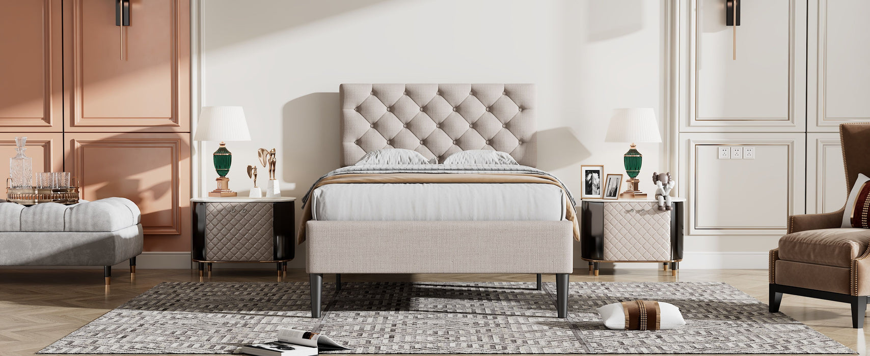 Upholstered Linen Platform Bed, Twin Size, Beige