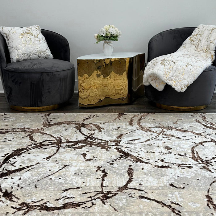 Penina - Luxury Area Rug In Beige And Gray With Bronze Circles Abstract Design