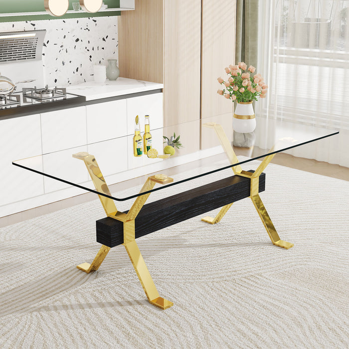 1 Table And 8 Chairs Modern, Simple And Luxurious Tempered Glass Rectangular Dining Table And Desk With 8 White PU Gold Plated Leg Chairs