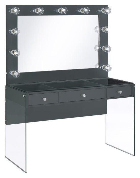 Afshan - 3-Drawer Vanity Desk With Lighting Mirror - Gray High Gloss Unique Piece Furniture