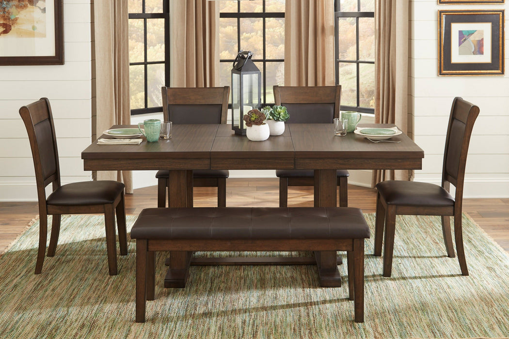 Transitional 6 Pieces Dining Set Table With Self-Storing Leaf Bench Upholstered 4 Side Chairs Light Rustic Brown Finish Dining Room Furniture