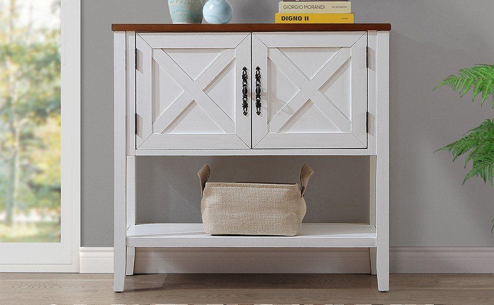 Farmhouse Wood Buffet Sideboard Console Table With Bottom Shelf And 2 - Door Cabinet, For Living Room, Entryway, Kitchen Dining Room Furniture Antique White / Walnut Top