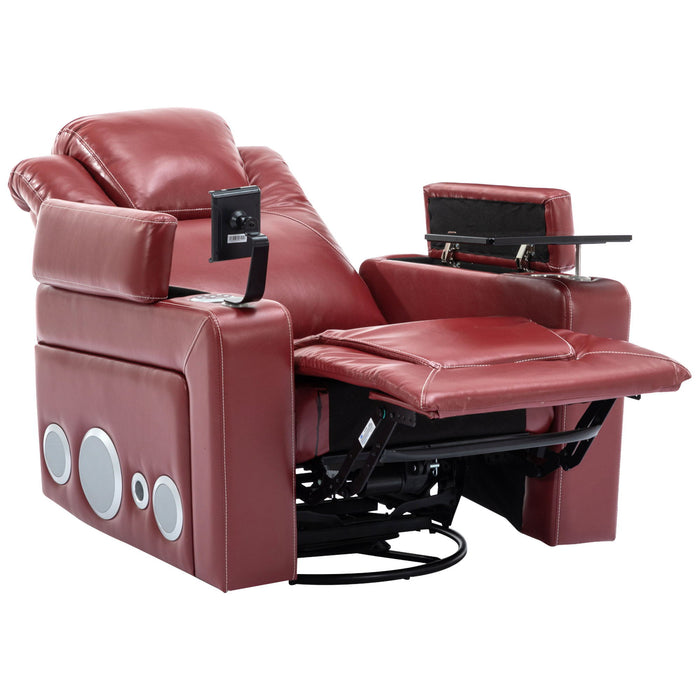 270 Degree Swivel PU Leather Power Recliner Individual Seat Home Theater Recliner With Surround Sound, Cup Holder, Removable Tray Table, Hidden Arm Storage For Living Room, Red