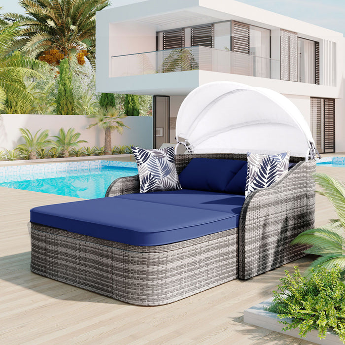 Go 79 9" Outdoor Sunbed With Adjustable Canopy, Daybed With Pillows, Double Lounge, Pe Rattan Daybed, Gray Wicker And Blue Cushion