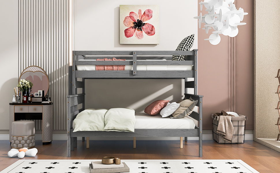 Wood Twin Over Full Bunk Bed With Ladder, Gray