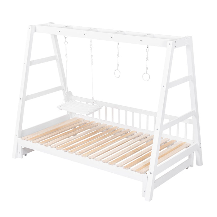 Extendable Twin Daybed With Swing And Ring Handles, White (Twin Bed Can Be Pulled Out To Be King)