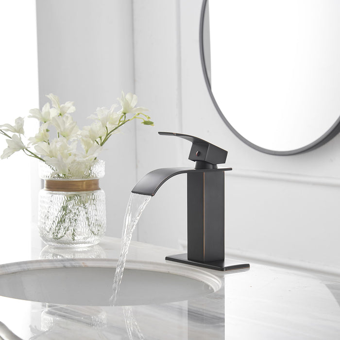 Waterfall Single Hole Single Handle Low Arc Bathroom Faucet With Pop Up Drain Assembly In Oil Rubbed Bronze
