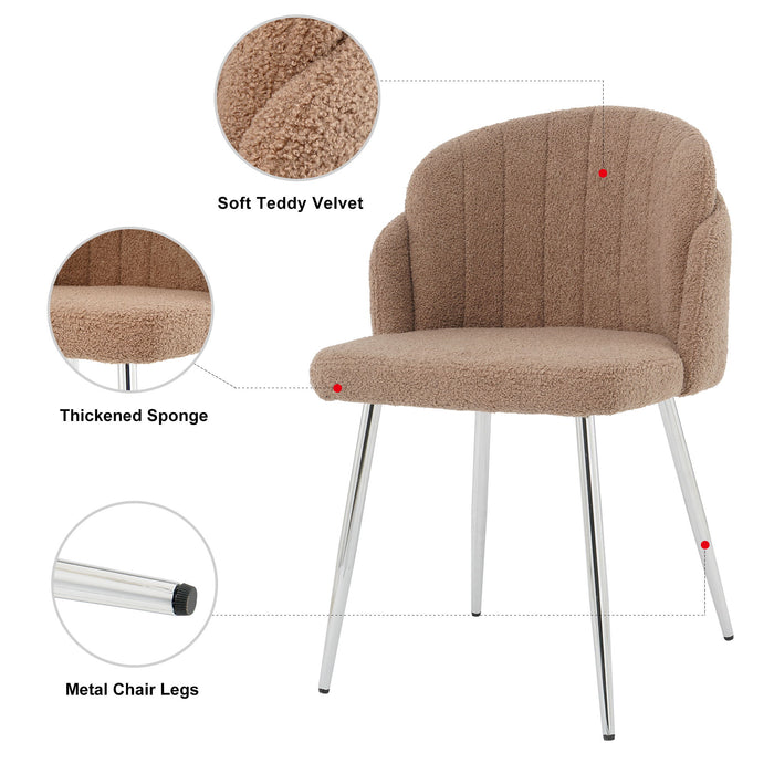 Modern Simple Brown Teddy Fleece Dining Chair Fabric Upholstered Chairs Home Bedroom Stool Back Dressing Chair Chrome Metal Legs (Set of 2)