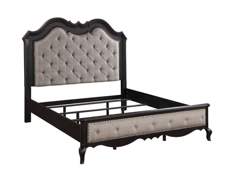 Acme Chelmsford Queen Bed, Beige Fabric & Antique Black Finish