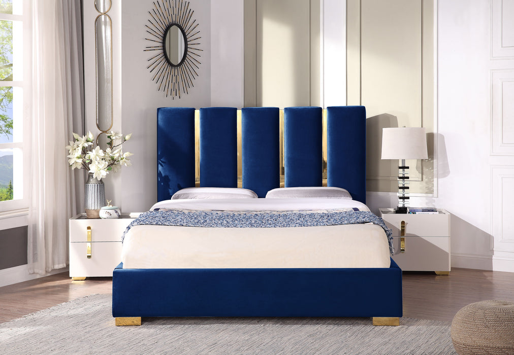 Contemporary Velvet Upholstered Bed, Solid Wood Frame, High-Density Foam, Gold Metal Leg, King Size - Blue