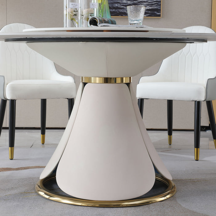 Modern Sintered Stone Dining Table With Round Turntable With Wood And Metal Exquisite Pedestal With 8 Chairs