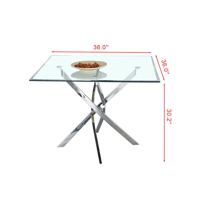Contemporary Square Clear Dining Tempered Glass Table With Silver Finish Stainless Steel Legs