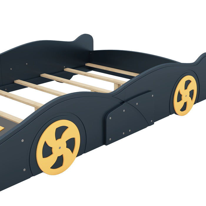 Full Size Race Car-Shaped Platform Bed With Wheels And Storage, Dark Blue / Yellow