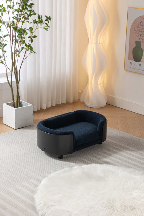 Scandinavian Style Elevated Dog Bed Pet Sofa With Solid Wood Legs And Black Bent Wood Back, Cashmere Cushion, Small Size - Dark Blue
