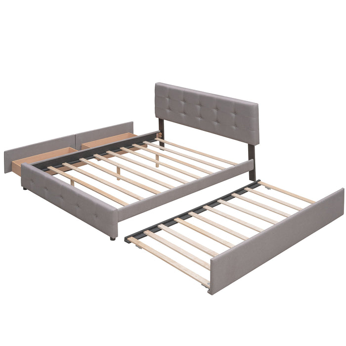 Upholstered Platform Bed With 2 Drawers And 1 Twin Long Trundle, Linen Fabric, Queen Size - Light Gray