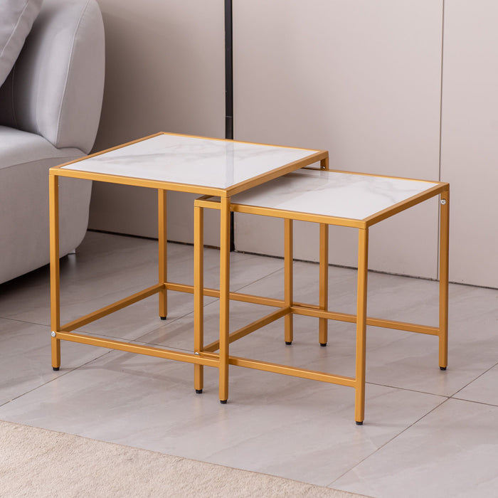 Nesting End / Side Table, night Stand (Set of 2) Set, Square Sintered Stone Top With Golden Metal Frame