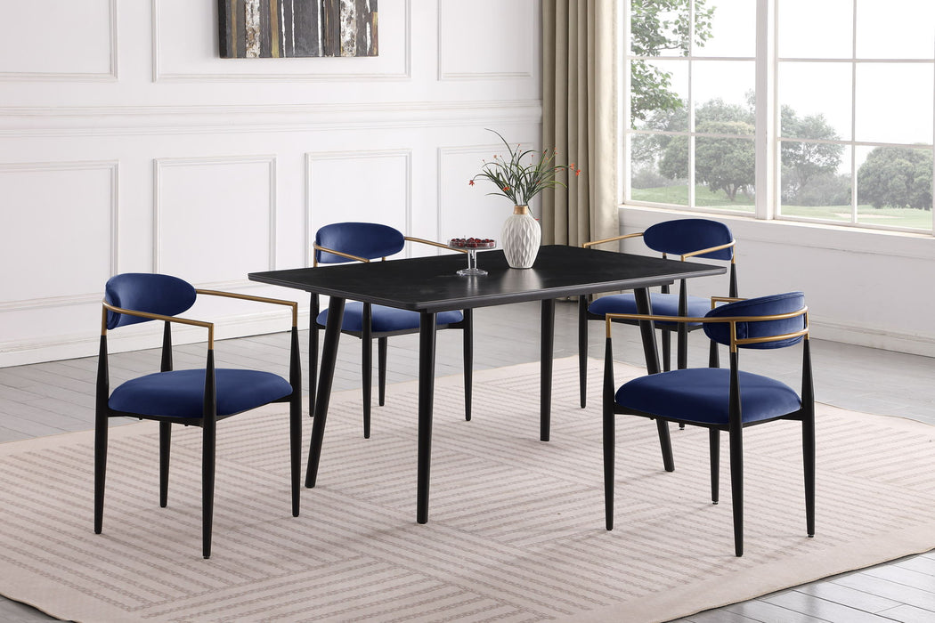 Modern Contemporary 5 Pieces Dining Set Black Sintered Stone Table And Blue Chairs Fabric Upholstered Stylish Furniture