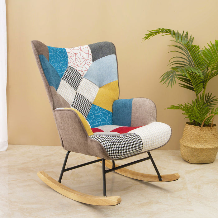 Rocking Chair, Mid Century Fabric Rocker Chair With Wood Legs And Patchwork Linen For Livingroom Bedroom - Colorful