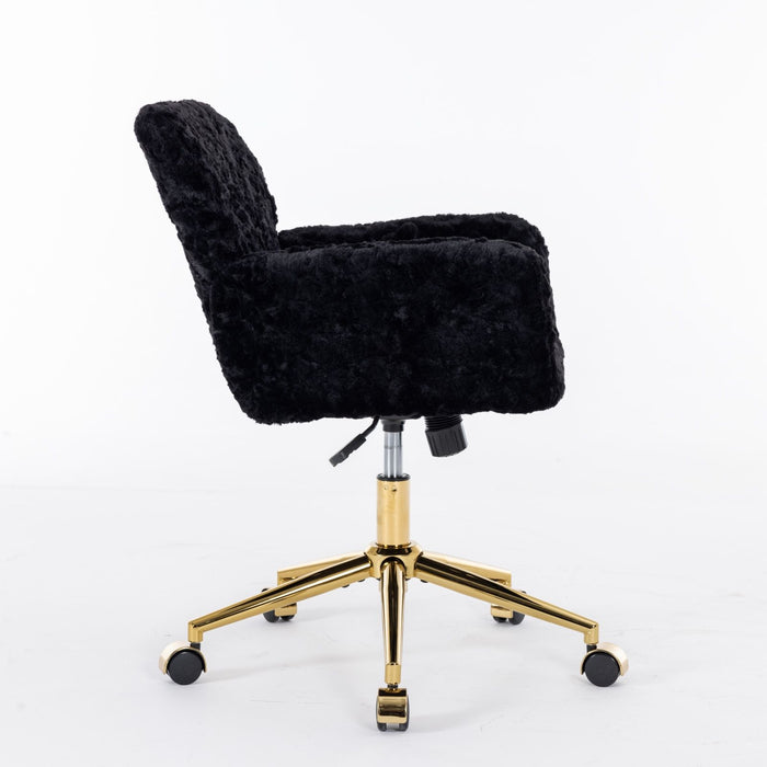 A&A Furniture Office Chair, Artificial Rabbit Hair Home Office Chair With Golden Metal Base, Adjustable Desk Chair Swivel Office Chair, Vanity Chair (Black)