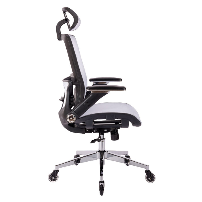 White Ergonomic Mes Height Office Chair, High Back - Adjustable Headrest With Flip-Up Arms, Tilt And Lock Function, Lumbar Support And Blade Wheels, Kd Chrome Metal Legs