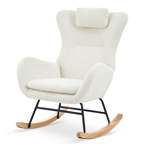 Modern Rocking Chair With High Backrest, Teddy Material Comfort Arm Rocker, Lounge Armchair For Living Room