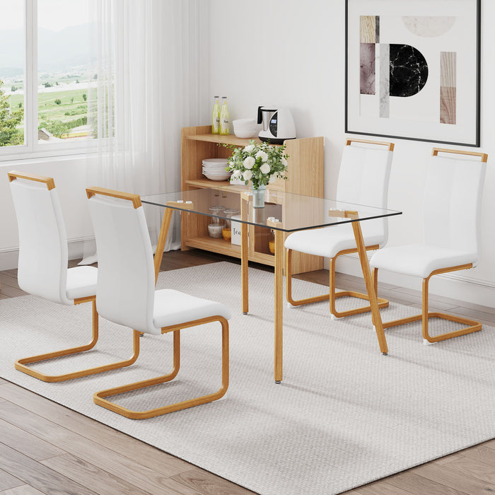 Table And Chair Set 1 Table And 4 White Chairs Glass Dining Table With Tempered Glass Tabletop And Metal Legs PU Leather High Back Upholstered Chair With Wood Color C-Tube Metal Leg