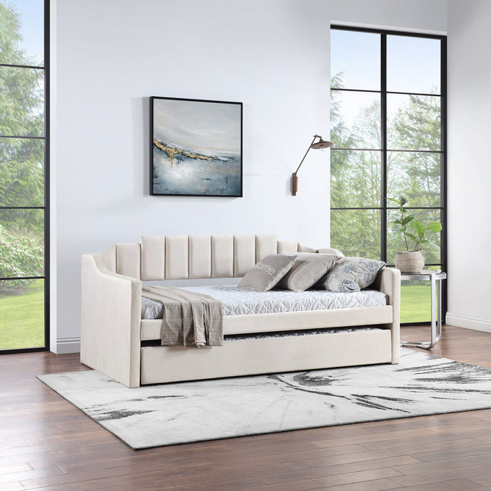 Daybed With Trundle Upholstered Tufted Sofa Bed, Both Twin Size, Beige