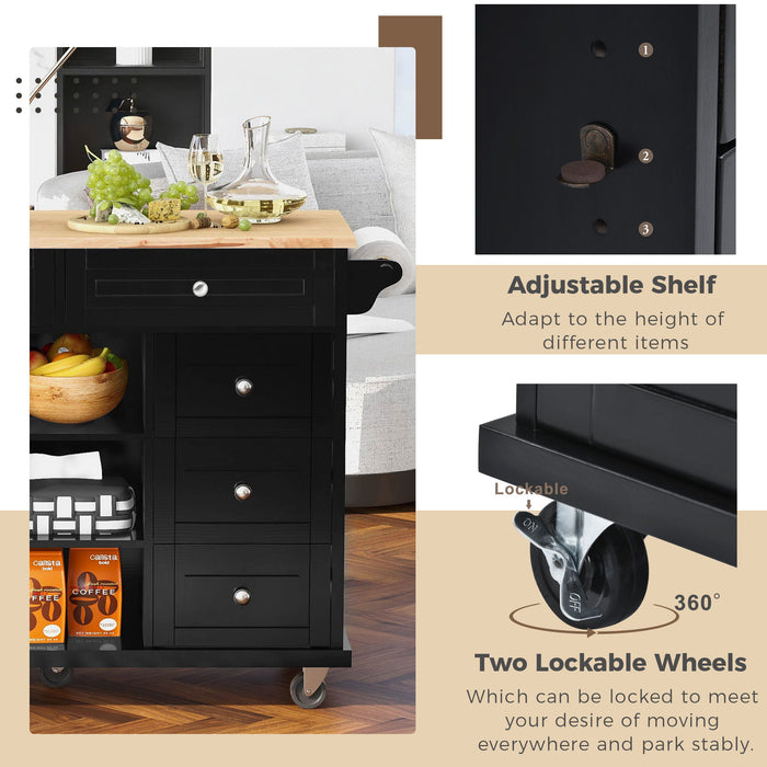 Kitchen Cart With Rubber Wood Desktop Rolling Mobile Kitchen Island With Storage And 5 Draws 53" Length (Black)