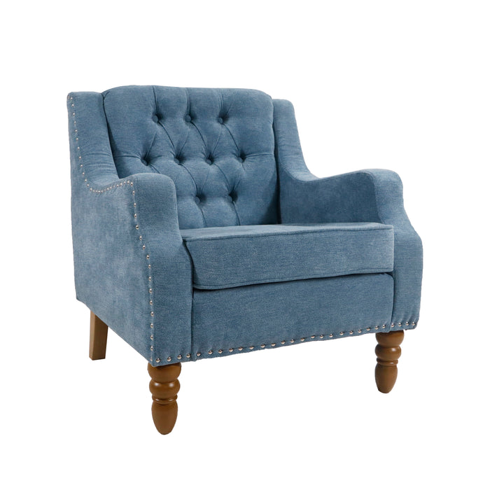 Blue Accent Chair, Living Room Chair, Footrest Chair Set With Vintage Brass Studs, Button Tufted Upholstered Armchair For Living Room