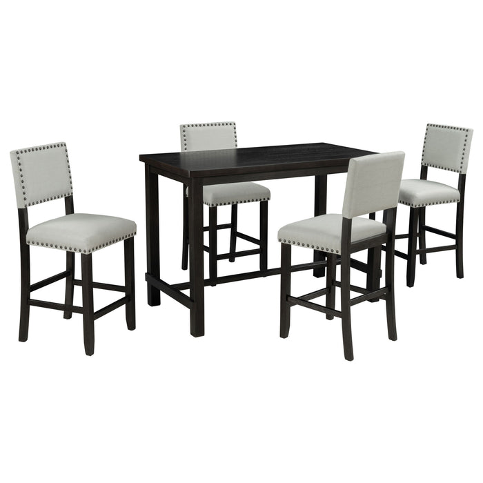 Trexm 5 Piece Counter Height Dining Set, Classic Elegant Table And 4 Chairs In Espresso And Beige