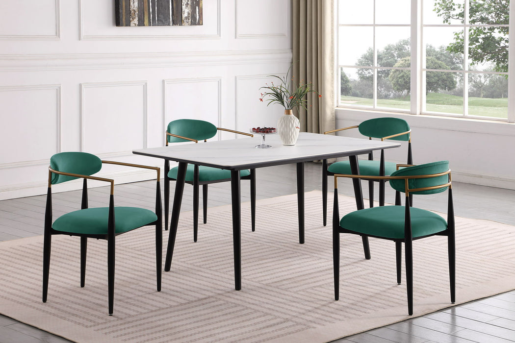 Modern Contemporary 5 Pieces Dining Set White Sintered Stone Table And Green Chairs Fabric Upholstered Stylish Furniture