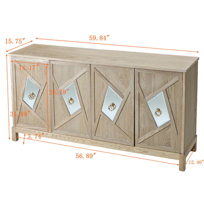 Modern 4 Door Cabinet With Mirrored Decorative Doors, For Bedroom, Living Room, Office, Easy Assembly, Wood Color