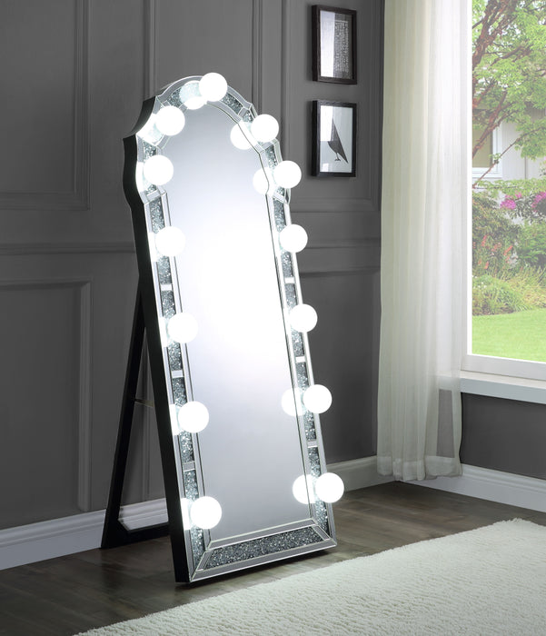 Acme Noralie Accent Floor Mirror In Mirrored And Faux Diamonds