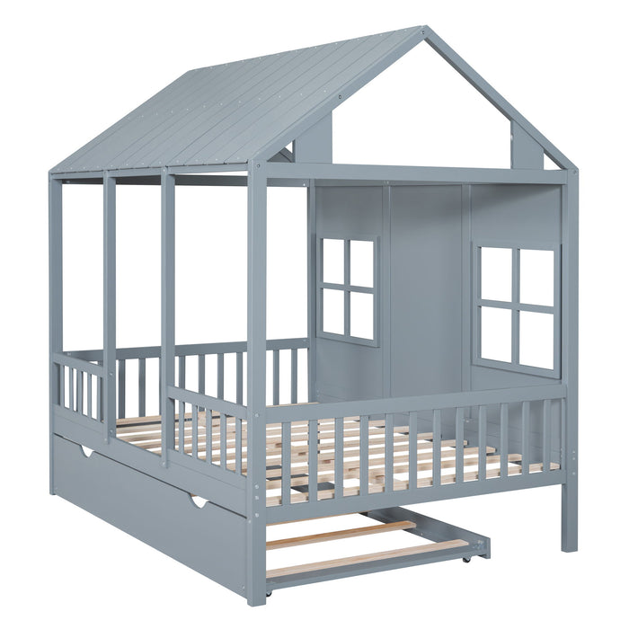 Full Size Wood House Bed With Twin Size Trundle Daybed - Gray