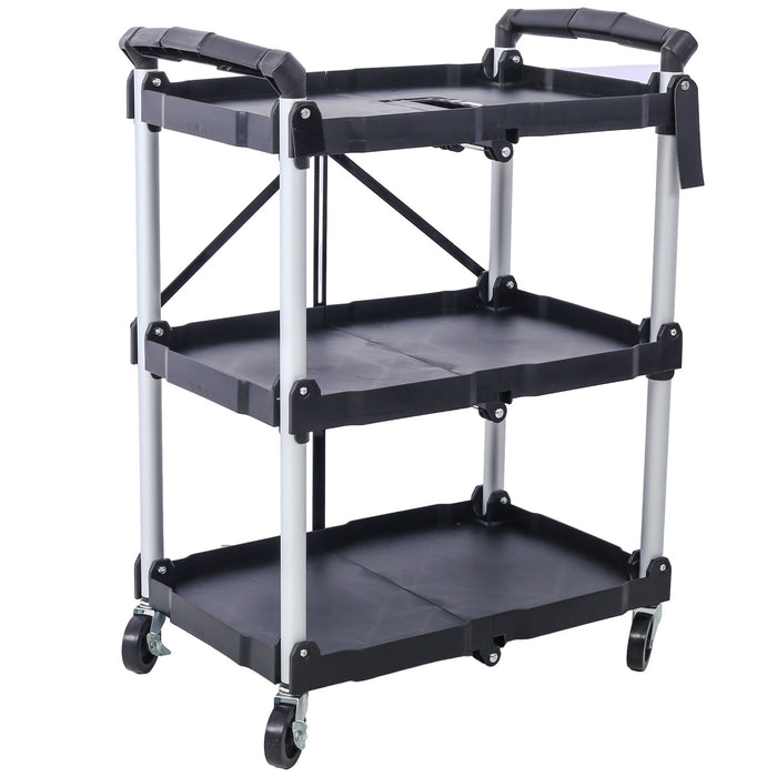 3 Layers Folding Collapsible Service Cart Pack-N-Roll Folding Collapsible Service Cart, Black, 50 Lb Load Capacity Per Shelf