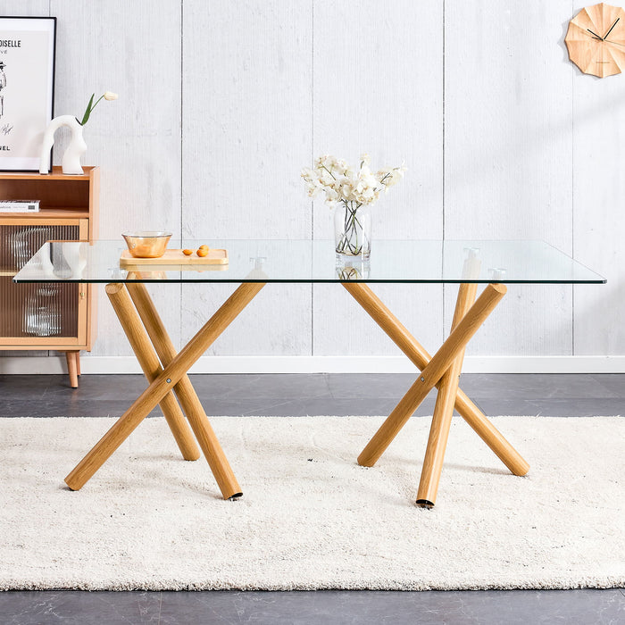Large Modern Minimalist Rectangular Glass Dining Table For 6-8 With Tempered Glass Tabletop And Wood Color Metal Legs