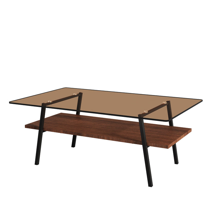 Rectangle Coffee Table, Tempered Glass Tabletop With Black Metal Legs, Modern Table For Living Room, Brown Glass