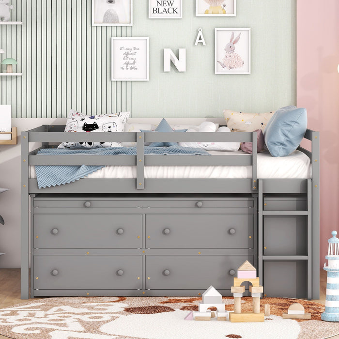 Full Size Loft Bed With Retractable Writing Desk And 4 Drawers, Wooden Loft Bed With Lateral Portable Desk And Shelves, Gray