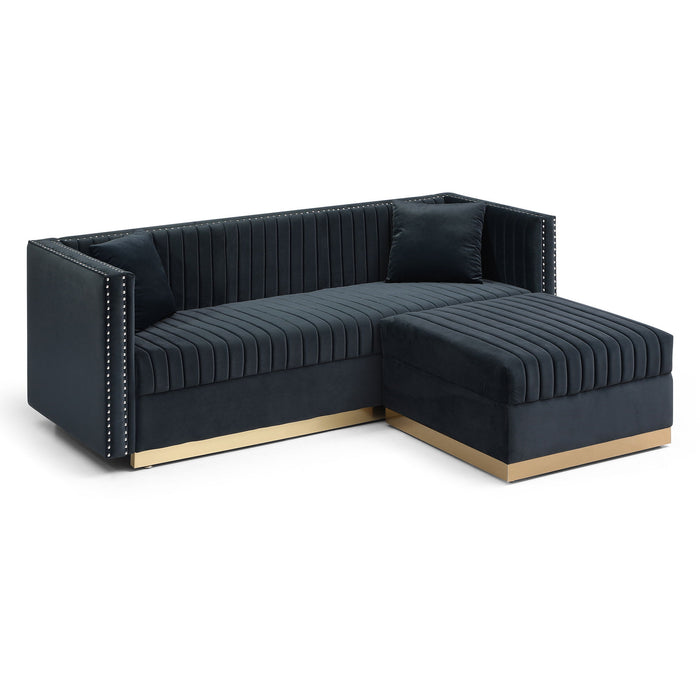 Contemporary Vertical Channel Tufted Velvet Big Size Ottoman Modern Upholstered Foot Rest For Living Room Apartment, Black