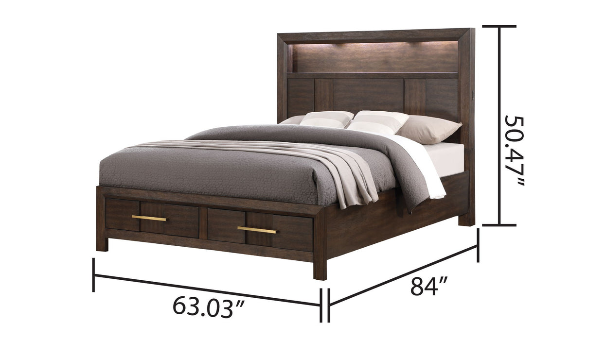 Kenzo Modern Style Queen Bed Made With Wood & LED Headboard With Bookshelf In Walnut