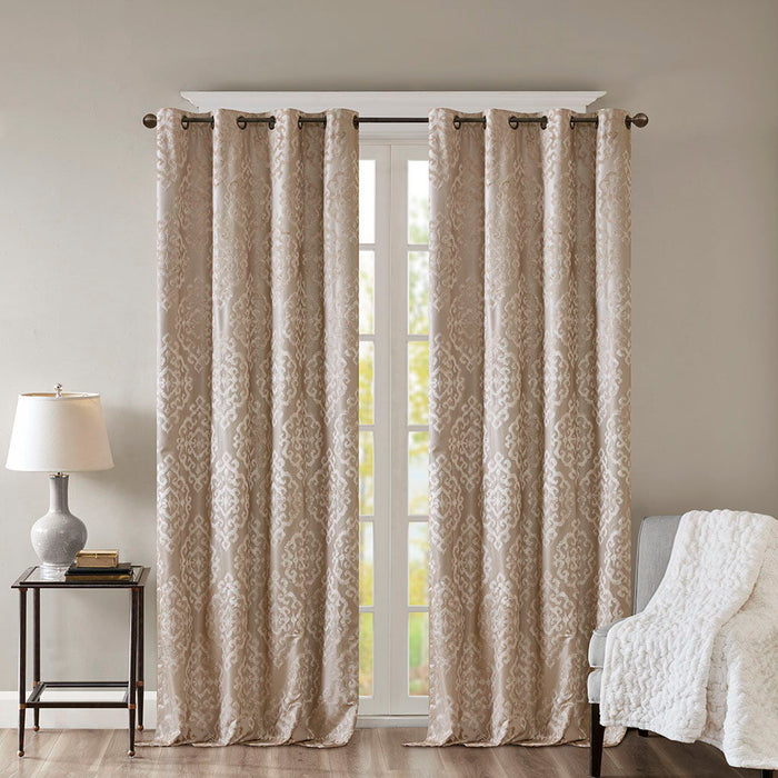 Knitted Jacquard Damask Total Blackout Grommet Top Curtain Panel Pair