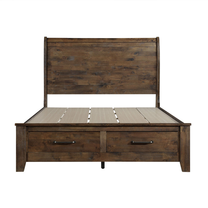 Burnished Brown Finish Classic Queen Bed With Footboard Storage All Solid Rubberwood Platform Bed Bedroom Furniture